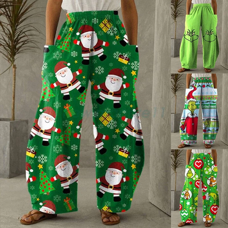 NEW Women Fashion Pant Loose Christmas Print Big Pockets Casual Bottoms Trousers - image 1 of 4