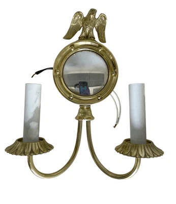 Vintage American Brass Eagle Convex Mirror Two Arm Wall Sconces Federal - Image 1 of 4