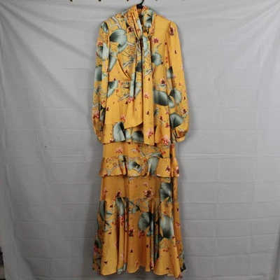 Johanna Ortiz H&M Dress 6 Mustard Floral Frill Neck Tie Maxi Boho Elegant Formal - Image 1 of 4