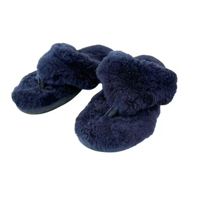 Old Friend Slippers Size 5-6 Pure Sheepskin Flip Flop Rubber Sole Navy Blue  - Image 1 of 4