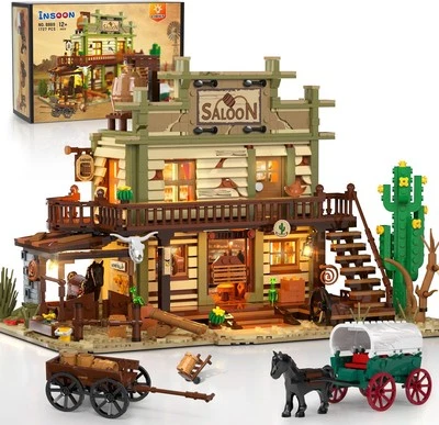 Western Saloon Building Set with LED Light, Wild West Building Block Toy 1727PCS - Image 1 of 4