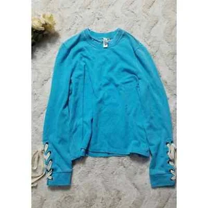 Alternative Electric Blue Cotton Lace Cuff Accent Crew Neck Sweater Size M - Picture 1 of 8