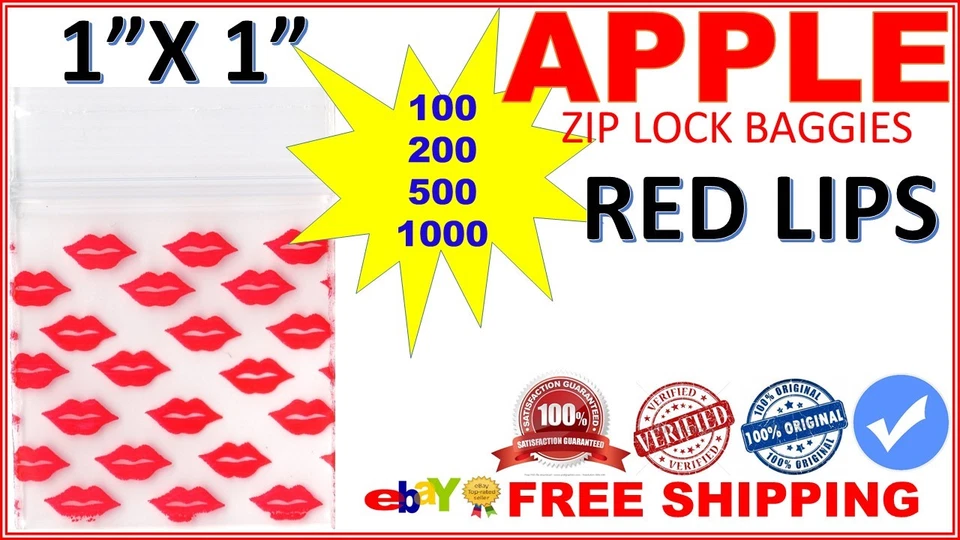 1" x 1" Apple baggies 1010 mini zipper-seal bags PRINTED DESIGN (RED LIP KISSES) - Image 1 of 1