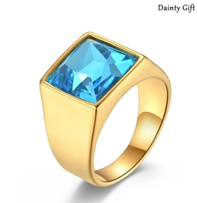 Moda Hombres Mujeres Chapado en Oro Acero Inoxidable Cuadrado Azul Claro Piedra Anillo 8-11 Foto 1 de 4