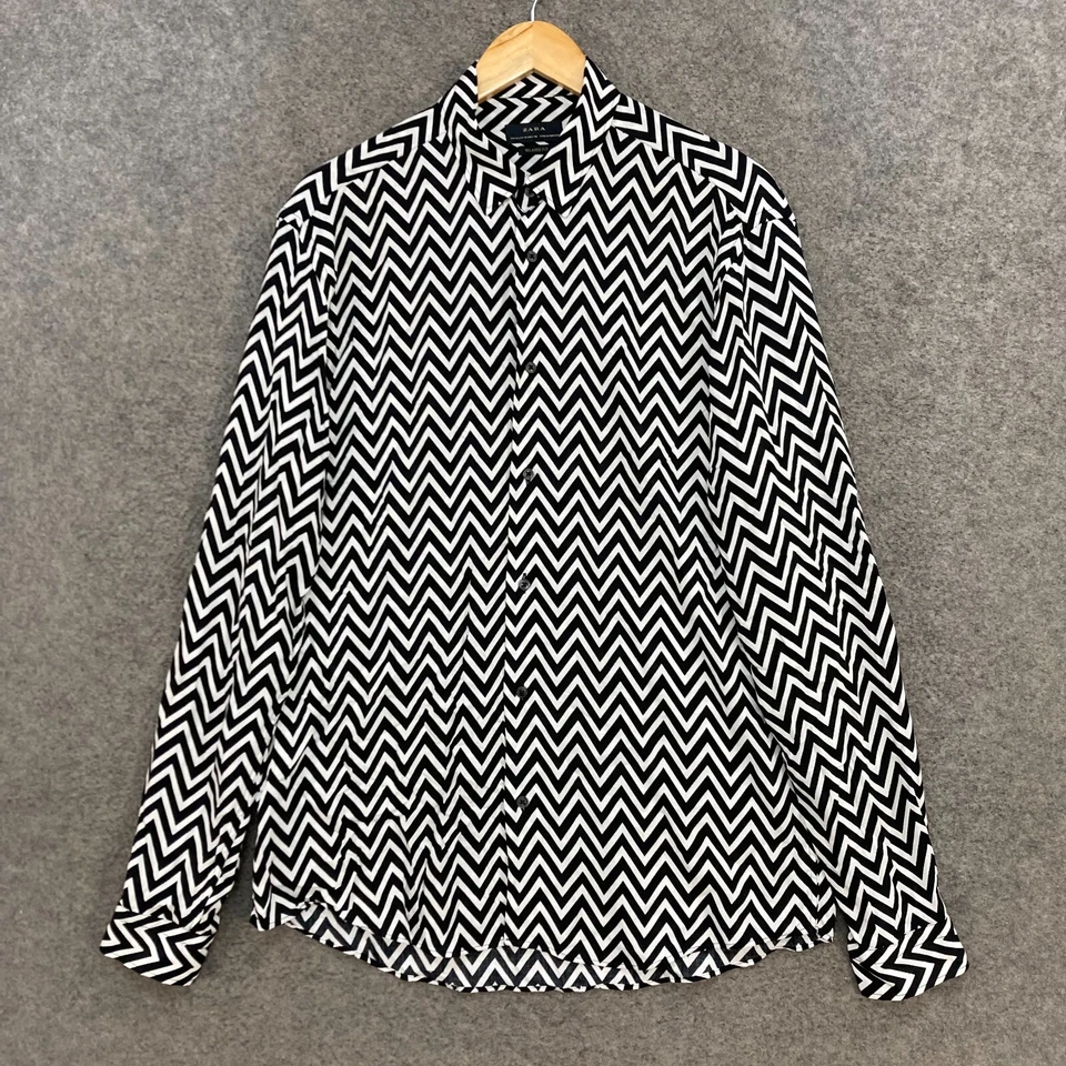 Zara Shirt Mens M Medium Black White Zig-Zag Long Sleeve Button Up 54930 - Image 1 of 4