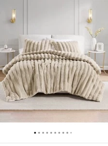 New-Macy’s Madison Park Jasmine 3pc King Taupe Faux Fur/Velvet Comforter Set  - Picture 1 of 7