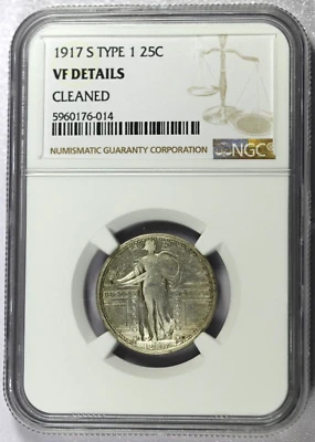 1917-S NGC VF Details Cleaned FS-401 Type 1 Shish Kebab Standing Liberty Quarter - Image 1 of 4
