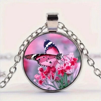 Collar Colgante Redondo Mariposa Rosa Perfecto Moda Regalo para Amigos Socios Foto 1 de 4