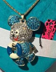 BETSEY JOHNSON PENDANT CARTOON GOLD MOUSE LIFE RING GOING SWIMMING BLUE CRYSTALS - Picture 1 of 6