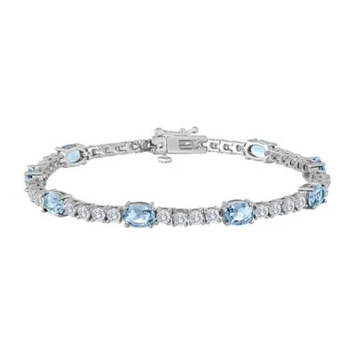 5x7mm Oval Simulated Aquamarine Tennis Bracelet 14K White Gold Plated Silver 7" - Image 1 of 4