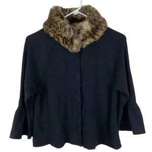 INC International Concepts Wool Blend Cardigan Sweater Fur Collar Black Size M - Picture 1 of 7