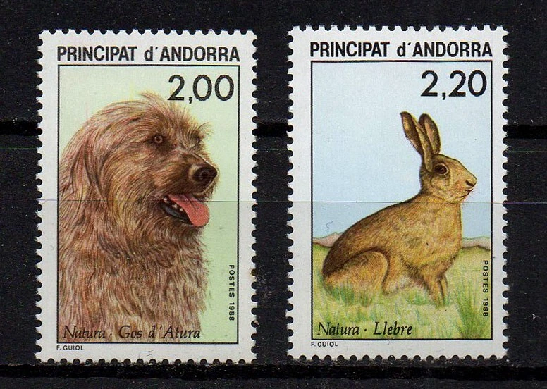 FRENCH ANDORRA, SCOTT # 367-368, MNH SET - SHEEPDOG and HARE, YEAR 1988 - Image 1 of 1