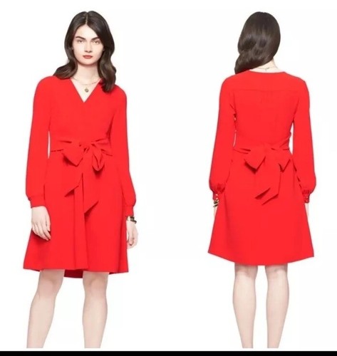 Abito a maniche lunghe nuovo senza etichette Kate Spade rosso crepe cravatta posteriore anteriore taglia 6
