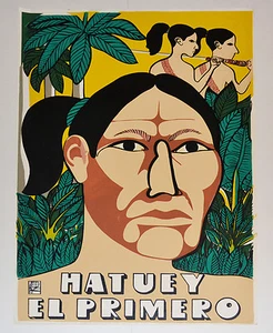 1993 Poster politico SERIGRAFIA cubano. HATUEY Prima Guerriglia. Arte aborigena - Foto 1 di 8