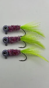 Crappie Jigs legate a mano Alewife, Chartreuse & Purple FeatherTail 1/16 oncia nuove - Foto 1 di 2