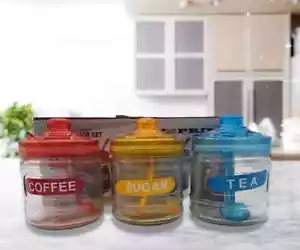 PRIMA 3PC TEA COFFEE SUGAR KITCHEN GLASS JAR STORAGE CONTAINER CANISTER - Picture 1 of 2