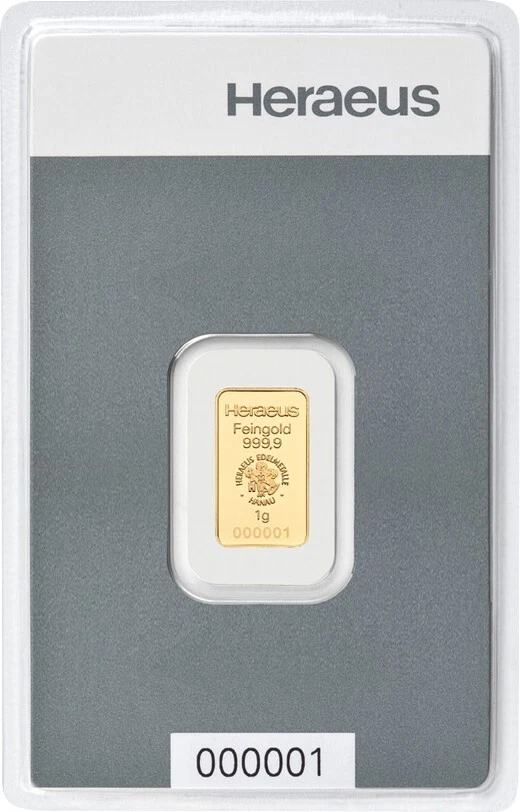Goldbarren Heraeus 1 Gramm 999.9 Gold / AU original geblistert - Bild 1 von 4
