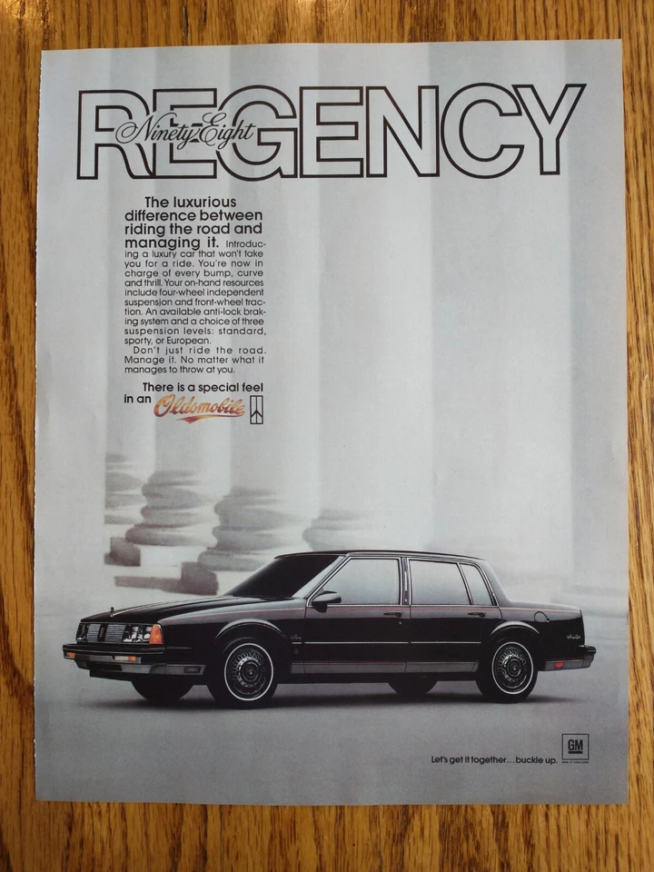 Oldsmobile Regency Ninety-Eight luxury vehicle, 1986 Vintage Print Ad - Image 1 of 1