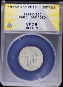 1917 D Standing Liberty Quarter SLQ 25c ANACS VF 25 Details Var 1 (Very Fine) - Picture 1 of 4