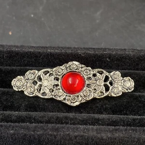 Vintage Silver Tone Faux Ruby Cabachon Brooch Pin Retro MCM Modern Statement Red - Picture 1 of 7