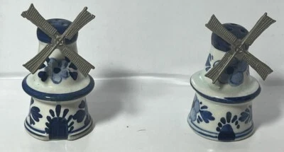 Vintage Delft Blue Salt & Pepper Shakers, Porcelain Windmills w/Metal Blades - Image 1 of 3