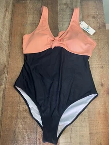 NWT'S BEACHSISSIE Large Coral Peach Black Bathing Swim Suit One Piece Tie Front - Picture 1 of 11