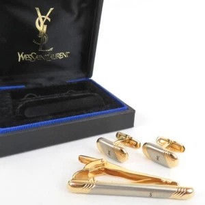 Yves Saint Laurent YSL Manschettenknöpfe Cuff Links Tie Bar Set Silber Goldfarben L2 - Bild 1 von 9