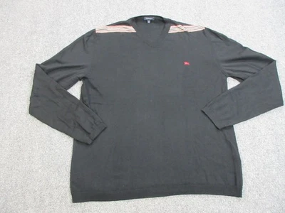 Suéter Burberry Para Hombres XL Negro Lana Merino Italia Cuello en V Pullover Rayas Logo Foto 1 de 4