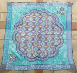 Vintage Halston Schal 21" Quadrat Seide Chiffon in Aqua. Lila & Gold Retro - Bild 1 von 6