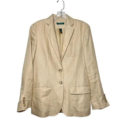 Blazer Lauren Ralph Lauren de lino tostado forrado 2 botones delanteros talla 2 Preppy Academia Foto 1 de 4