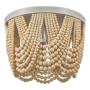 HOME DECORATORS Harlan 15 in. 3-Light Brushed Grey Flush Mount Natural Wood Bead - Picture 1 of 6