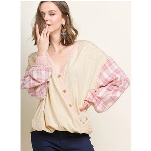UMGEE Heathered Plaid Puff Long Sleeve Top Surplice Faux Buttons Blouse Size S - Picture 1 of 5
