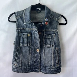 Express Denim Vest Women’s Small Blue Sleeveless Pockets Button Up Cropped Top - Picture 1 of 5