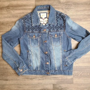 Forever 21 Women Medium Denim Jean Jacket Aztec Western Boho Grunge Trucker - Picture 1 of 10