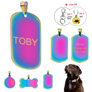 Rainbow Bone/Military/Round Personalized Pet Cat Dog Tags Name ID Engraved Free - Picture 1 of 15