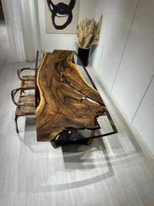 Mesa de comedor de lujo Live Edge de madera y río epoxi - Resina moderna hecha a mano - Imagen 1 de 13