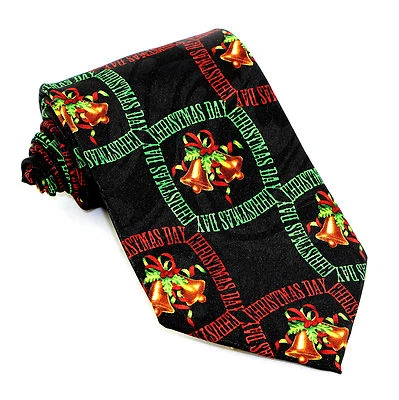Christmas Day Men's Neck Tie Classic Holiday Bells Bows Holly Gift Black Necktie - Image 1 of 2