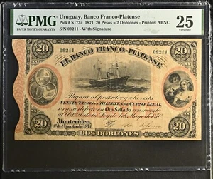 URUGUAY,  BANCO FRANCO-PLATENSE 1871 , S173a 20 PESOS = 2 DOBLONES.  PMG 25 VF - Picture 1 of 2