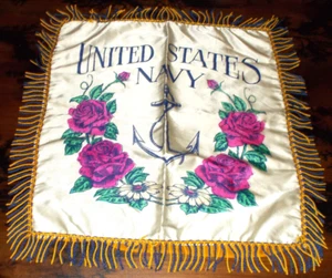 VINTAGE US NAVY USN FOULED ANCHOR WORLD WAR II WWII SWEETHEART SILK PILLOW COVER - Picture 1 of 2