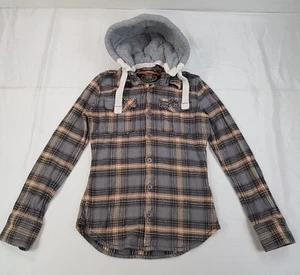 SUPERDRY SIZE S 8UK WOMENS COTTON CHECKERED FLANNEL SHIRT JACKET DETACHABLE HOOD - Picture 1 of 24