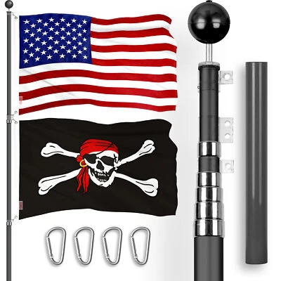 25Ft Telescoping Flagpole Black & USA and Pirate Head Scarf Flags Emb 300D 3x5Ft - Image 1 of 4