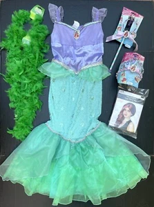 Disney Ariel Prestige Costume Lot ~ M-7/8 Dress, Seaweed Boa, Wig, Wand, Tiara - Picture 1 of 24