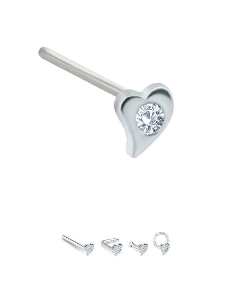 925 Sterling Silver Nose Ring Stud Straight LBend Screw Bone Heart 22 Gauge 22G - Image 1 of 1