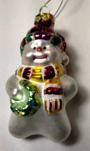 Vintage Glas Schneemann hält einen Weihnachtskranz selten 3 1/2" hoch - Bild 1 von 11