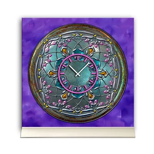 Tischuhr 30cmx30cm inkl. Alu-Ständer -antikes Design Bronze Artefakt lila geräus - Bild 1 von 4