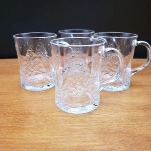 Arcoroc Holly Tree Mugs Set of 4 Clear Pressed Glass Christmas Vintage - Picture 1 of 14
