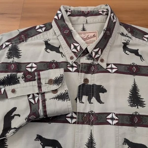 Camicia vintage Woolrich uomo grande alce azteco cervo orso volpe AOP flanella abbottonata - Foto 1 di 14