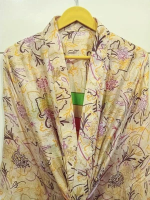 Midi Kimono Pure Silk Robe Knee Length Gown Silk Kimono Robe Beige MKMO1694 - Image 1 of 4