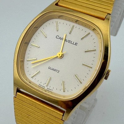 Vintage Caravelle Bulova Swiss Quartz Watch 8947 Men Gold Tone Barrel New Batter - Image 1 of 4