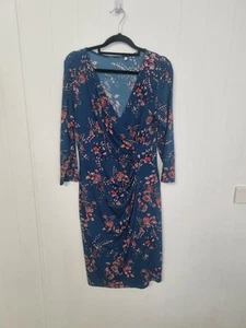 LEONA EDMISTON size 12 blue floral v neck 3/4 sleeve pencil dress jersey - Picture 1 of 6